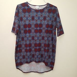 Lularoe XS Irma Tunic Top Hi Lo Shirt Kaleidoscope Maroon Blue White Geometric